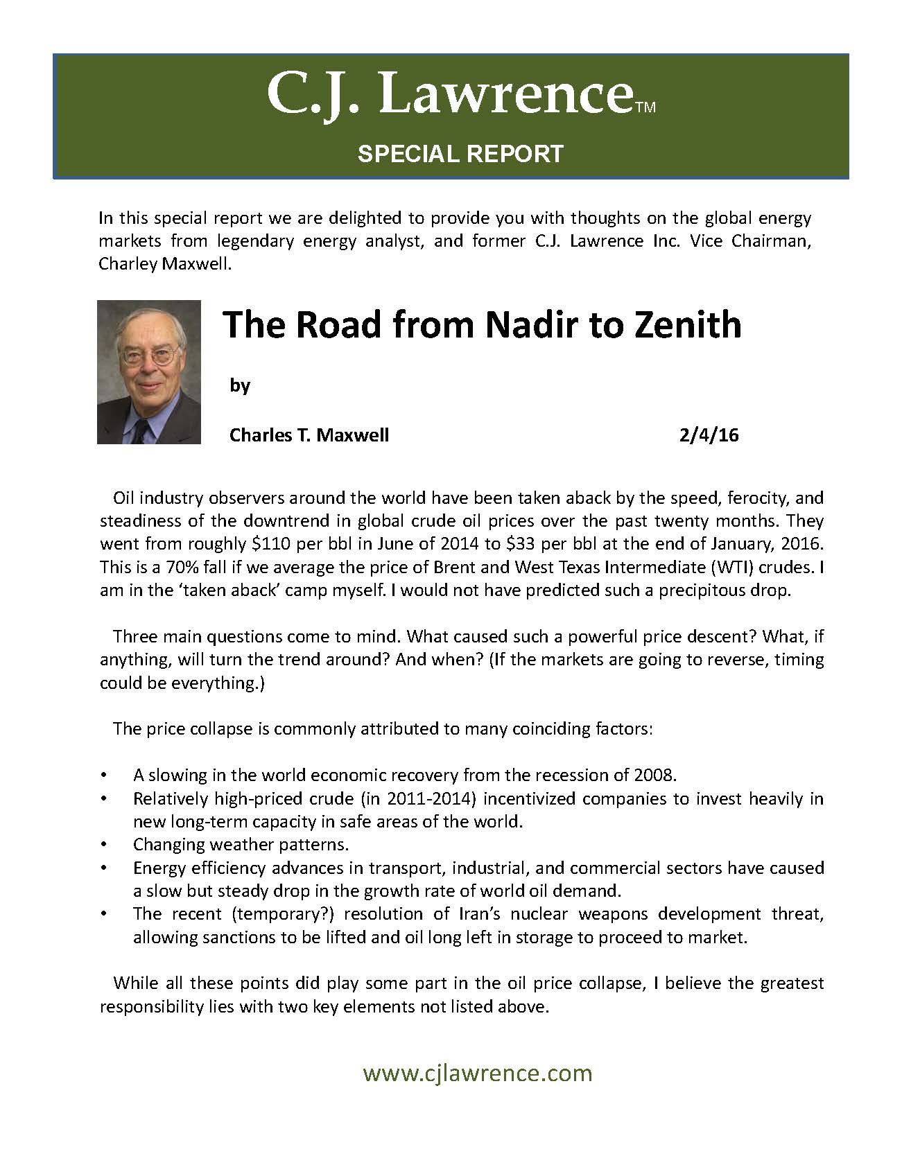 The Road from Nadir to Zenith